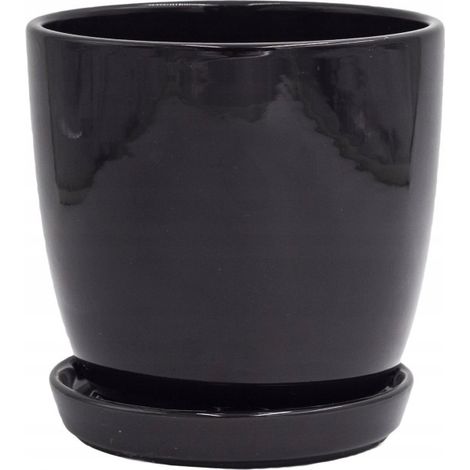 Maceta de cerámica con platillo, negra, 17 cm