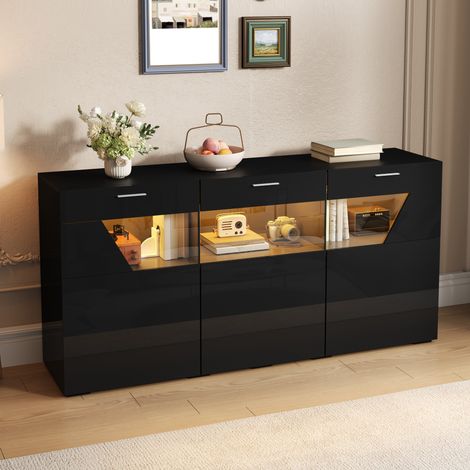 Buffet 3 portes 160 cm noir en panneaux de particules, LED pilotable et haute brillance - CHICFURN (1/5)