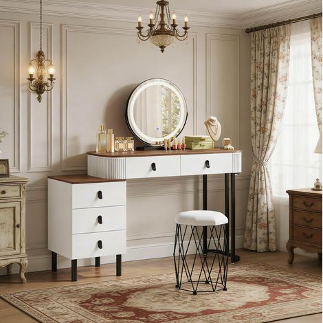 Coiffeuse avec miroir LED dimmable, tabouret, 125 x 40 x 126 cm, blanc et marron DESVIAE (1/4)
