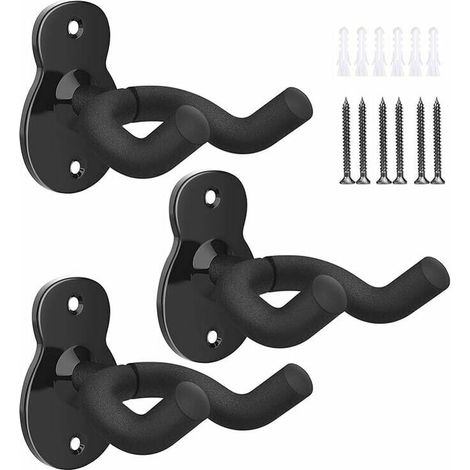 Support mural pour guitare, lot de 3 supports muraux en métal pour guitare, crochets pour guitare, supports muraux pour guitare acoustique basse, guitare électrique, ukulélé - Noir (1/2)