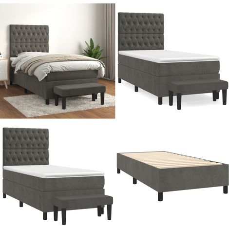 Cama box spring con colchón terciopelo gris oscuro 90x190 cm - Colchón de muelles - Cama de muelles