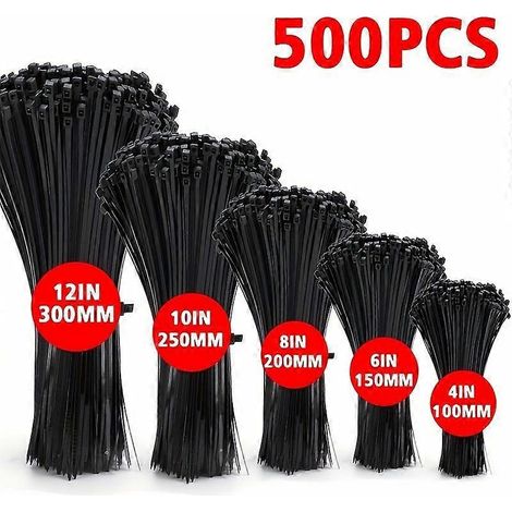 Lot de 500 attaches de câble autobloquantes noires, 5 tailles assorties de 100 à 300 mm, en nylon résistant pour une utilisation intérieure et extérieure à la maison, au bureau, au jardin ou à l'ateli (1/5)