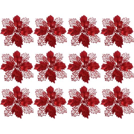 Ensemble de 12 sapins de Noël artificiels à poinsettias scintillants - décorations florales - décorations pour sapin de Noël - couronnes de Noël - ro (1/5)