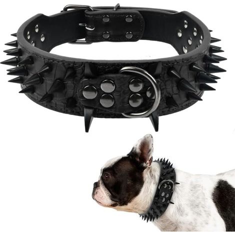 Collier pour Chien, Collier clouté, Collier en Cuir avec Clous, Collier pour Chien avec Boucle de Sécurité, Collier Bouledogue Français, Collier pour Grands Chiens, Réglable(noir)