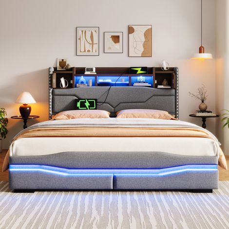 Lit coffre rembourré 160x200cm - avec éclairage LED - avec compartiment de rangement - gris (matelas non inclus) (1/5)