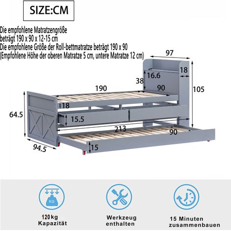 MEUBLIV Bett 90x190 cm grau – Ausziehbett mit Schubladen und USB, ohne Matratze (1/5)