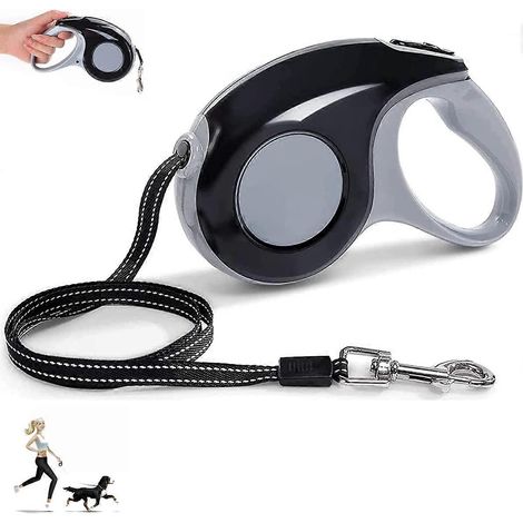 Laisse rétractable pour chien de 5 m avec système de rétraction, idéale pour l'éducation des chiens jusqu'à 16 kg (noire). (1/5)