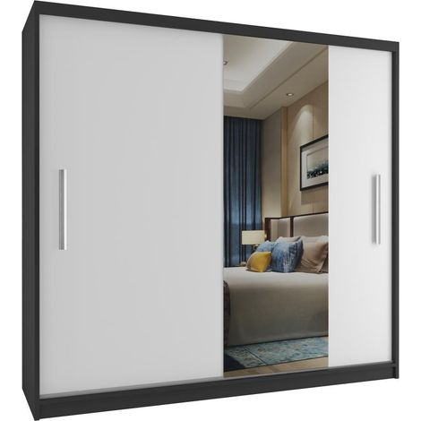 BELINI Verona MSE Schiebetürenschrank 200 cm - Kleiderschrank mit Spiegel & Kleiderstange, Schlafzimmer - Schwarz/Weiß Matt (1/5)