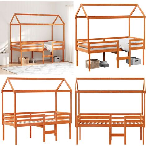 Letto a Soppalco con Tetto Marrone Cera 90x200 cm Legno di Pino - Letto con tetto - Letto con tetto marrone