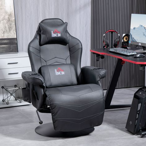 Silla gaming, función de masaje, respaldo reclinable, reposapiés, hasta 120 kg, estructura de acero, piel sintética, color negro. (1/5)