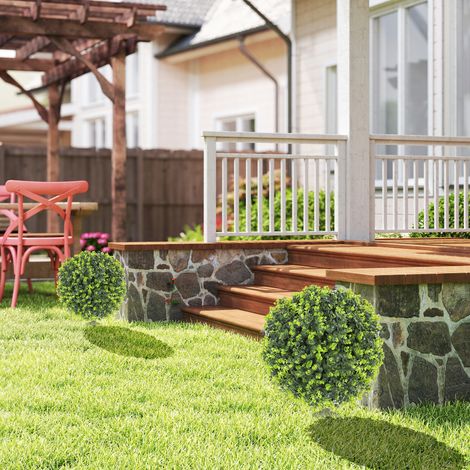 Lot de 2 plantes artificielles, boules de buis artificiel avec piquet, pour une utilisation intérieure et extérieure, résistantes aux UV, vertes