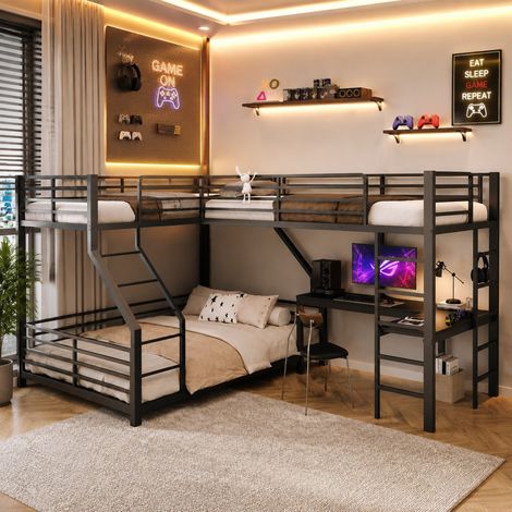 Litera triple 298x204.5x175 cm negra de metal y MDF con escritorio, enchufes USB y Type-C (1/5)