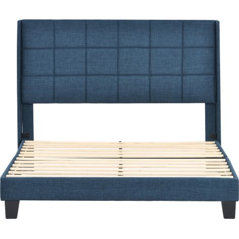 Lit capitonné avec tête de lit rembourrée, 140x200 cm, en lin bleu, avec sommier et matelas à ressorts ensachés (1/5)