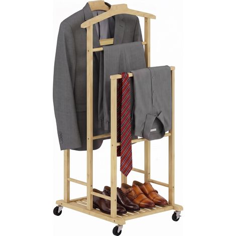 HOMCOM galán de noche de bambú, perchero burro con ruedas, barras para ropa, soporte para pantalones, bandeja y estante, 41x50x105 cm, natural (1/5)