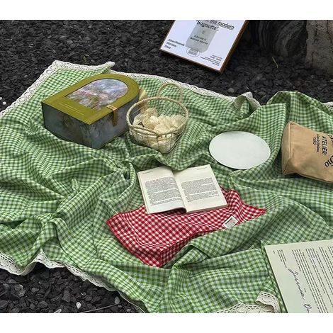 Stuoia da picnic verde e bianca con elegante bordo, indispensabile per la spiaggia, che unisce colore e praticità, per un romantico picnic (150 x 200 cm)