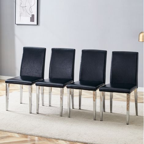 Set di 4 sedie da pranzo in ecopelle e metallo con schienale, stile moderno, nero e argento (1/5)