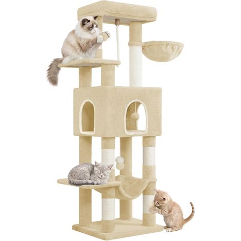 Arbre à Chat Hauteur 162 cm, Tour de Jeux pour Chats, Griffoir avec Grandes Plateformes, 5 Poteaux à Griffer, 3 Pompons, 1 Hamac, 1 Niche, Multi-Niveaux (1/5)