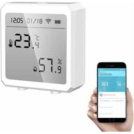 Thermomètre intelligent Wi-Fi avec hygromètre et capteur Bluetooth de température et d'humidité avec rétroéclairage pour une utilisation intérieure et extérieure, contrôle via application Tuya (blanc) (1/5)