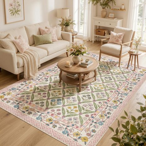 Tapis Salon Chambre Enfant Fille Vintage 160x220 cm Fleur Rose (1/5)