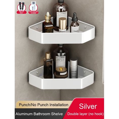 (2 Argent) Étagère de salle de bain sans perçage, étagère d'angle en aluminium, panier triangulaire mural, organisateur de rangement pour salle de douche FR2006 (1/5)