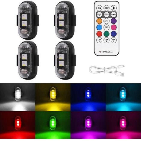 Set mit 4 kabellosen LED-Blitzlichtern inklusive Fernbedienung, 8 Farben, USB-Ladefunktion, wasserdicht, stoßfest, Warnleuchten für Auto, Motorrad, Drohne und Fahrrad
