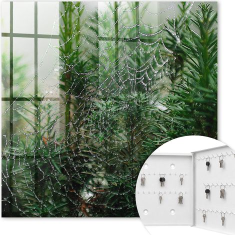 Armoire à clés - (30 cm x 30 cm) - Boîte à clés murale - Coffret de rangement pour clés - Couleur blanche - Ouverture vers la droite - Pour maison et bureau - Toile d'araignée dans la forêt