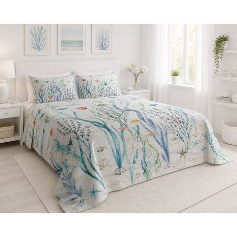 Set Lenzuolo Copriletto con Balza Matrimoniale 250x290 + 2 Federe 50x80, 100% Cotone, Fantasia Mare Blu