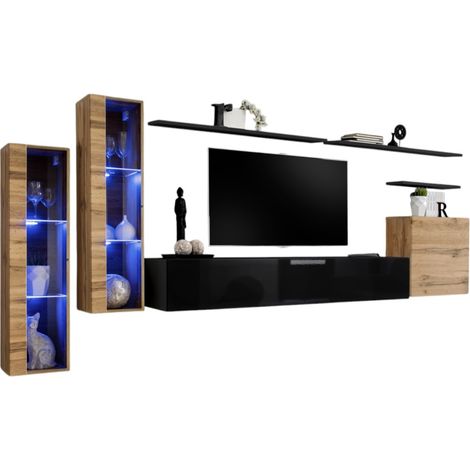 Composizione murale SWITCH XI – Mobile TV, vetrine sospese, cubo e scaffali – Nero lucido e quercia Wotan – Design moderno