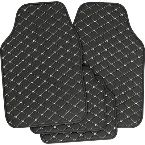 WOLTU 4x Alfombrillas universales delanteras y traseras para coche de piel sintética negra con costuras blancas