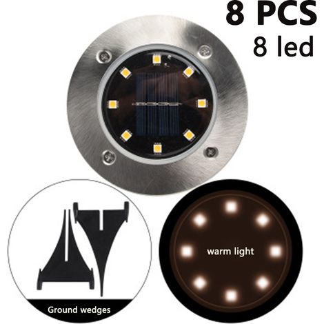 Lampe Solaire Encastrable - 8 LED - Acier Inoxydable - IP65 - Pour Allée Chemin Pelouse Terrasse Jardin Patio - Lot de 8 (1/5)