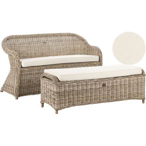 Gartenbank mit Auflage SUSUA 141 cm mit Ottomane Rattan Naturfarben (1/5)