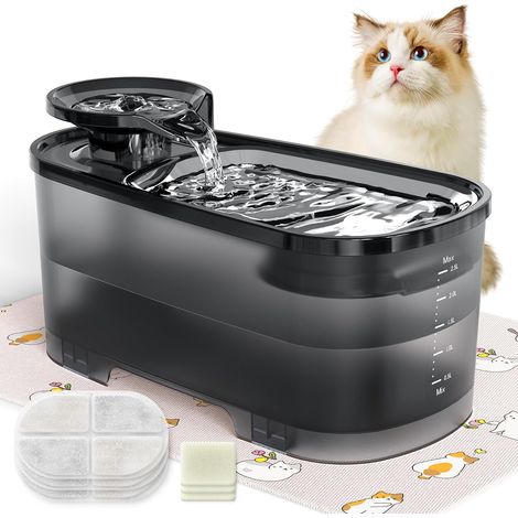 Fontaine à Eau Chat 2.5 L, Silencieuse avec Filtre à Charbon Actif, Réservoir d'eau Noir Translucide pour Chats et Chiens (1/5)