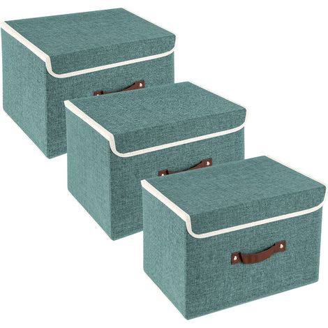 Boîte de Rangement Tissu avec Couvercle Lavable - Lot de 3 - 38x25x25 cm - Aqua Deep