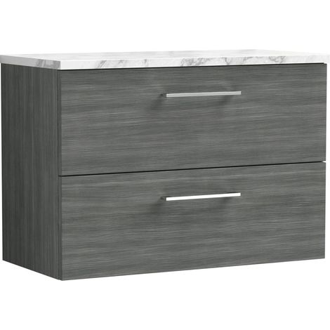 Balterley Bramshall 800mm Wall Hung 2 Drawer Vanity Unit & Laminate Worktop for Modern Bathroom Storage - Anthracite Woodgrain