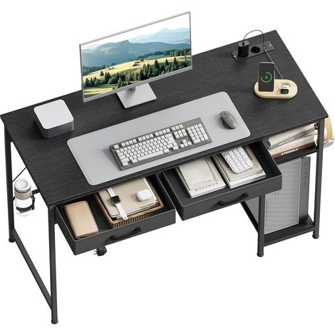 WOLTU Bureau Gaming avec 2 Tiroirs et 2 Étagères, Bureau d'Ordinateur avec Prises USB et Type-C, Porte-gobelet et Crochet, 120x51x75 cm, Noir (1/5)