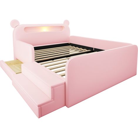 Lit rembourré enfant 140 x 200 cm rose avec tête de lit ours, LED, USB et rangement (1/5)