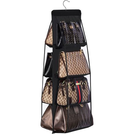 LEDANDER Sac de rangement suspendu pour sac à main, 8 poches transparentes, sac à poussière, support pour sac à main, sac en tissu suspendu, noir, 110 x 34 cm (1/5)