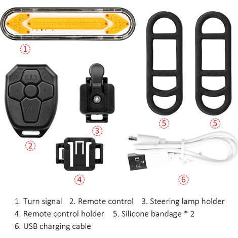 Feu arrière LED rechargeable USB avec clignotants et frein, télécommande incluse (1/5)