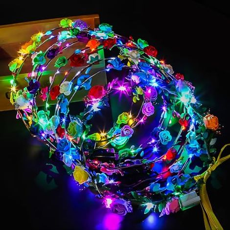 10 Stück LED Blumenkranz Stirnband, Leuchtend Haarkranz, Girlanden Stirnband mit zehn Blumen und zehn LED-Lichtern, leuchtender Kopfschmuck für Partys, Festivals, Hochzeiten