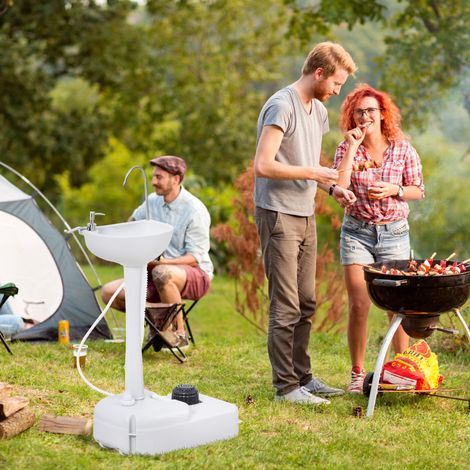 Lavabo portatile da campeggio Outsunny, bacinella portatile da campeggio, stazione di lavaggio con ruote, dispenser di sapone e porta asciugamani, lavabo mobile per eventi all'aperto, grigio