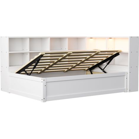 Cama multifunción 90 x 200 cm blanca con enchufes, almacenaje y tira LED (1/5)