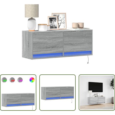 Armoire TV murale - Meuble TV mural avec lumières LED sonoma gris 100x31x35 cm (1/5)
