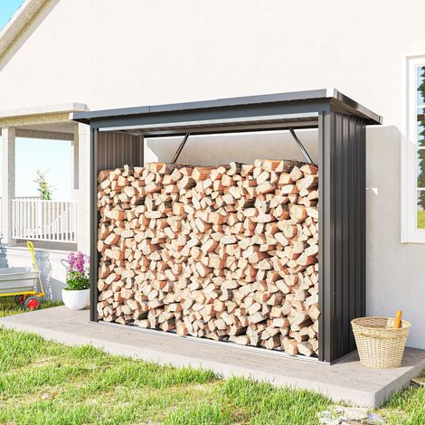 Abri de jardin extérieur en acier pour bûches. Base surélevée et toit en pente. 213 x 66,5 x 150 cm. Gris foncé.