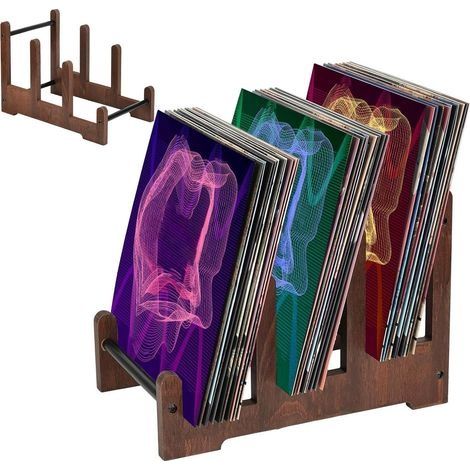 Rangement pour Vinyles - Présentoir en Bois pour Albums - Présentoir à Albums 3 Niveaux, Organisateur de Bureau pour Livres Photos et Fichiers de Librairie (1/5)