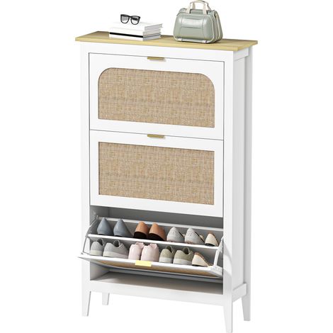 Meuble à chaussures bohème pour 21 paires avec 3 tiroirs rabattables, portes effet cannage rotin, 80 x 24 x 131 cm, blanc (1/5)