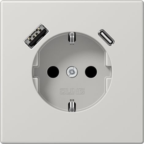 Jung Enchufe SCHUKO®, 16 A 250 V , con cargador USB, 1 x tipo A + 1 x tipo C, SAFETY+, serie LS, gris claro LS 1520-15 CA LG