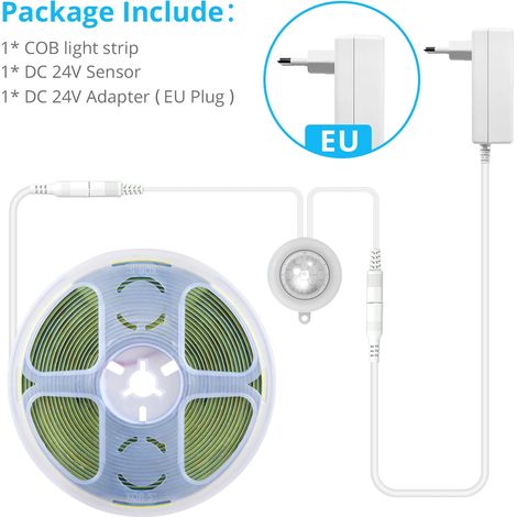 (Lumière blanche, 2 m) Bande lumineuse LED COB 24 V ultra-lumineuse à détection de présence humaine PIR intelligente, interrupteur automatique, norme européenne. (1/5)