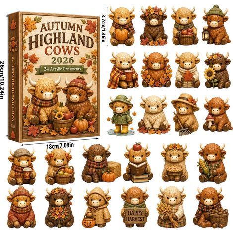 Calendrier de l'Avent 2026 sur le thème des vaches des Highlands, 24 décorations suspendues en acrylique 2D, avec des figurines de vaches écossaises des Highlands sur le thème des récoltes, ornements