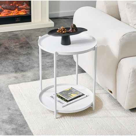 Mesa auxiliar redonda 42x42x52 cm blanca de metal con 2 niveles (1/5)