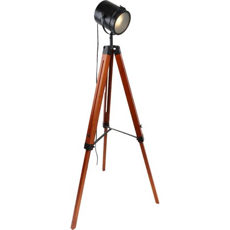 Lampadaire trépied en bois naturel, E27, réglable, noir Max.140cm (1/5)